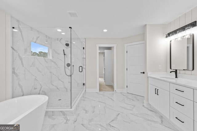 bathroom featuring recessed lighting, a marble finish shower, marble finish floor, baseboards, and a soaking tub