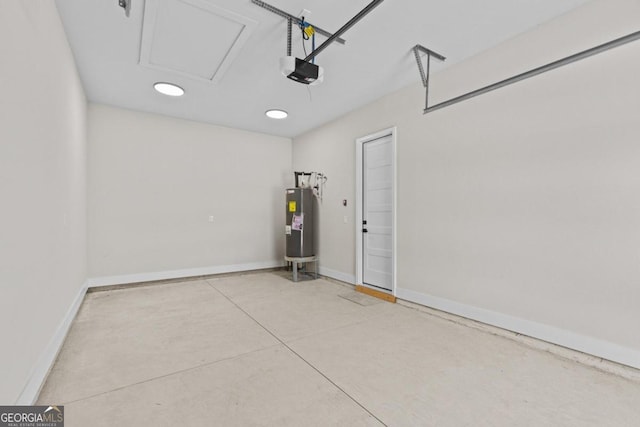 garage with recessed lighting, water heater, a garage door opener, and baseboards