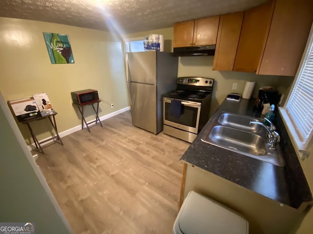 kitchen featuring a sink, a textured ceiling, stainless steel appliances, light wood-type flooring, and under cabinet range hood