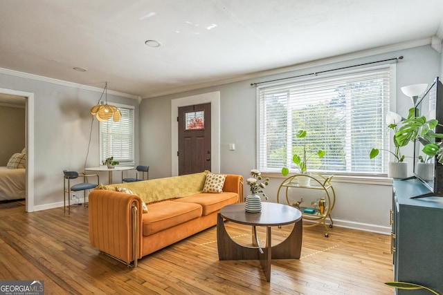 living area featuring crown molding, light wood-style floors, and baseboards