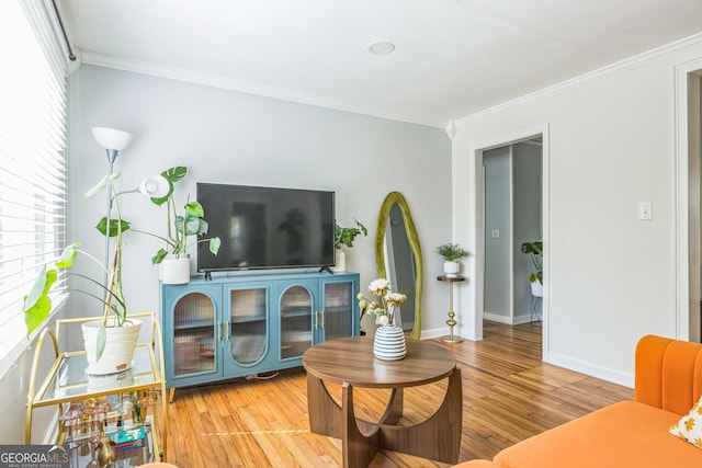 living area featuring baseboards, wood finished floors, and crown molding
