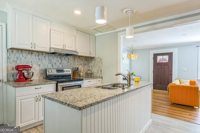 kitchen with white cabinetry, light wood-style flooring, a sink, stainless steel range with electric stovetop, and under cabinet range hood