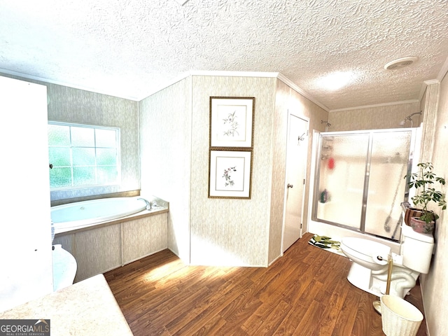 350 Kitty Hawk Ln, Clarkesville, GA 30523 - bathroom with a textured ceiling, ornamental molding, wood finished floors, and a garden tub