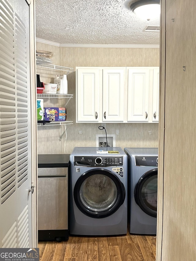 350 Kitty Hawk Ln, Clarkesville, GA 30523 - washroom featuring a textured ceiling, cabinet space, independent washer and dryer, and wood finished floors