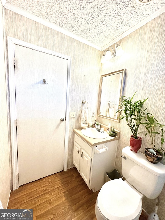 350 Kitty Hawk Ln, Clarkesville, GA 30523 - bathroom featuring vanity, ornamental molding, wood finished floors, and toilet