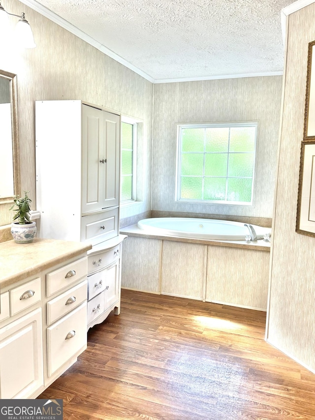 350 Kitty Hawk Ln, Clarkesville, GA 30523 - bathroom featuring a textured ceiling, ornamental molding, wallpapered walls, and wood finished floors
