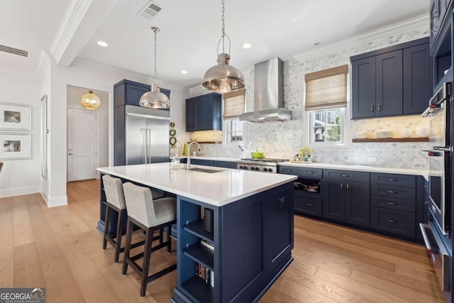 260 Jasmine Garden Way, Alpharetta, GA 30009 - kitchen with open shelves, appliances with stainless steel finishes, wall chimney range hood, and a sink
