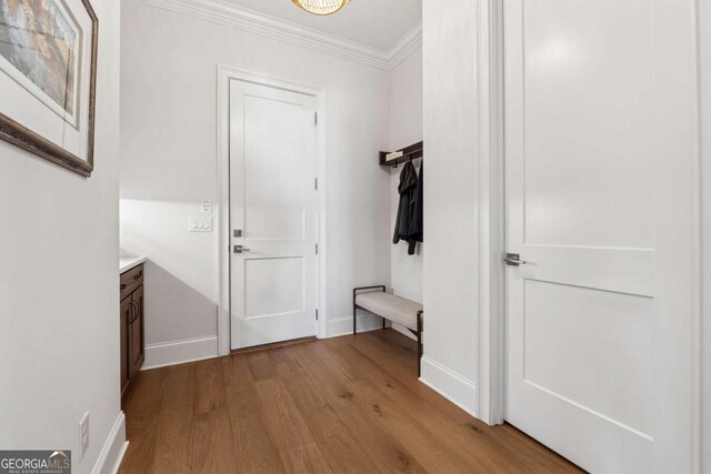 260 Jasmine Garden Way, Alpharetta, GA 30009 - mudroom featuring wood finished floors, ornamental molding, and baseboards