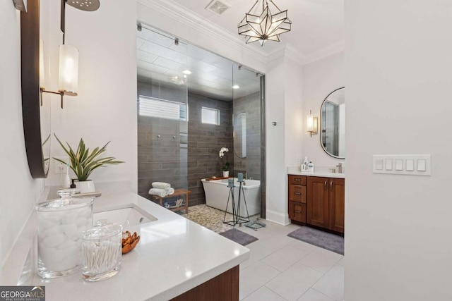 260 Jasmine Garden Way, Alpharetta, GA 30009 - full bathroom with a tile shower, visible vents, ornamental molding, a freestanding bath, and tile patterned flooring
