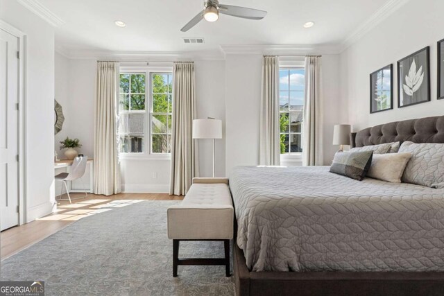 260 Jasmine Garden Way, Alpharetta, GA 30009 - bedroom featuring ornamental molding, recessed lighting, visible vents, and wood finished floors