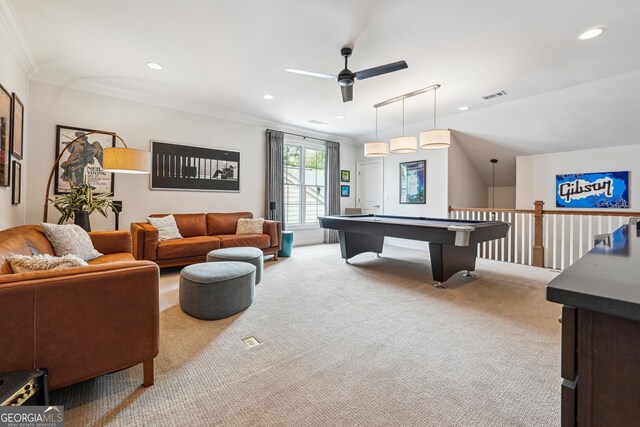 260 Jasmine Garden Way, Alpharetta, GA 30009 - recreation room featuring visible vents, a ceiling fan, crown molding, and carpet flooring