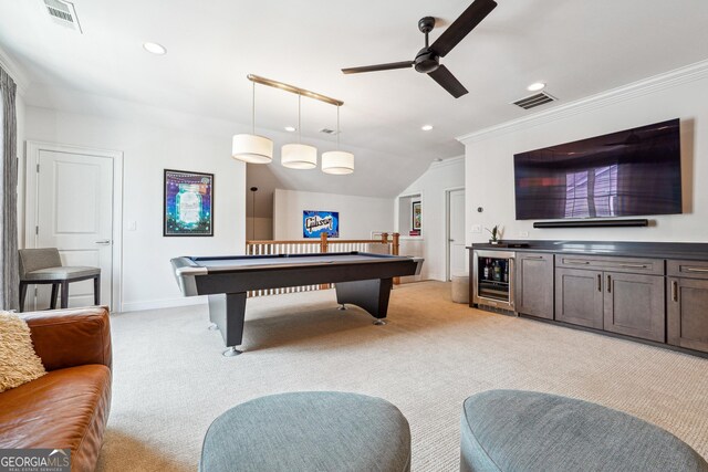 260 Jasmine Garden Way, Alpharetta, GA 30009 - playroom with beverage cooler, visible vents, billiards, and ornamental molding