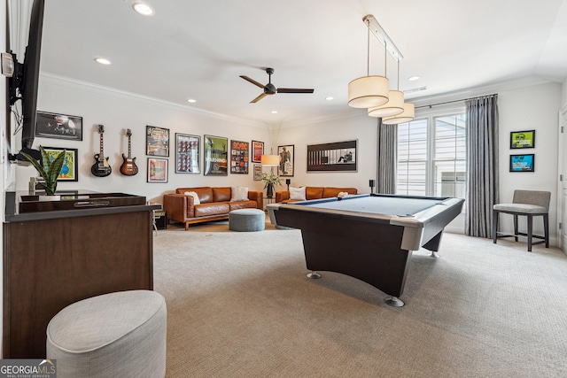260 Jasmine Garden Way, Alpharetta, GA 30009 - playroom with ceiling fan, crown molding, light colored carpet, and pool table