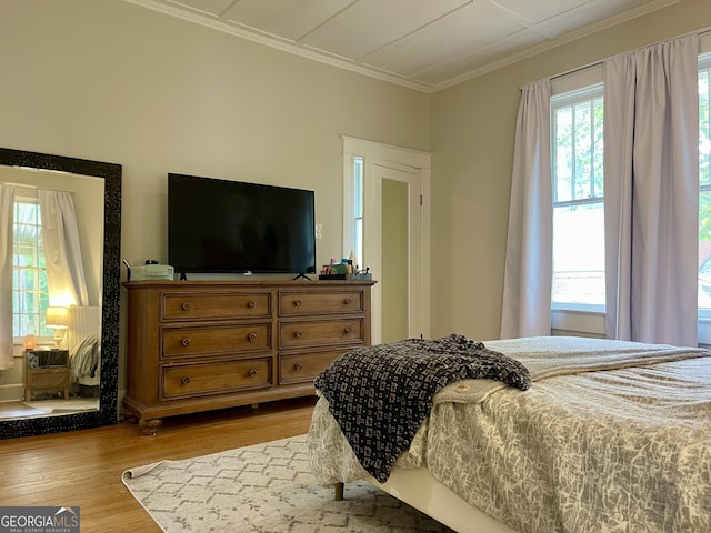 bedroom with wood finished floors and ornamental molding