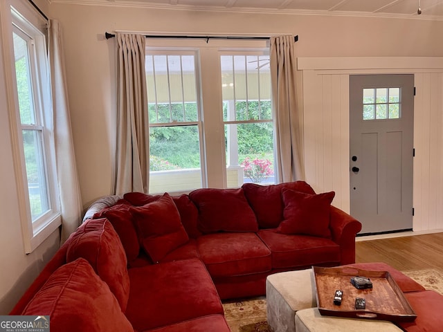 living room with crown molding and wood finished floors