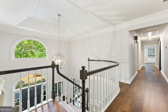 120 N Blf, Alpharetta, GA 30004 - hall with attic access, an upstairs landing, wood-type flooring, a chandelier, and a raised ceiling