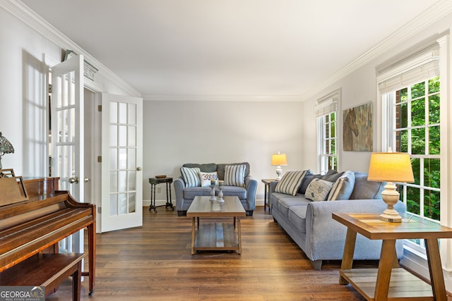120 N Blf, Alpharetta, GA 30004 - living area with crown molding, dark wood-type flooring, and baseboards