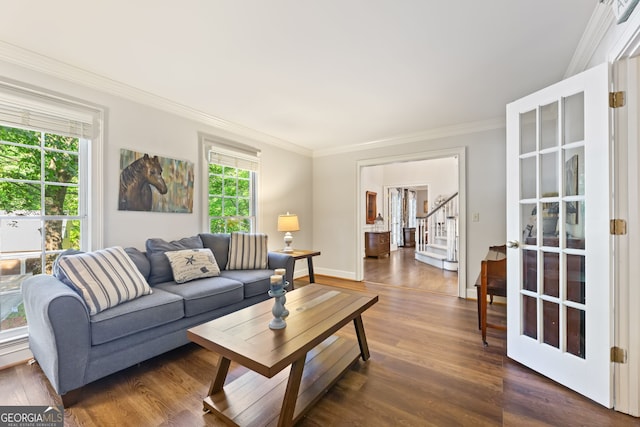 120 N Blf, Alpharetta, GA 30004 - living room featuring dark wood finished floors, crown molding, baseboards, and stairway