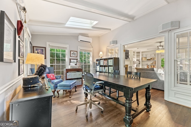 120 N Blf, Alpharetta, GA 30004 - office with an AC wall unit, wood finished floors, beam ceiling, ceiling fan, and a skylight