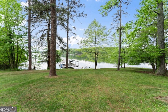 view of yard with a dock and a water view