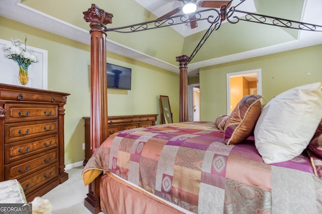 407 Gladiola Dr, Auburn, GA 30011 - bedroom with baseboards, ensuite bathroom, carpet, and vaulted ceiling