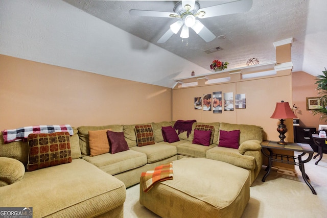 407 Gladiola Dr, Auburn, GA 30011 - living room with carpet flooring, ceiling fan, visible vents, a textured ceiling, and lofted ceiling
