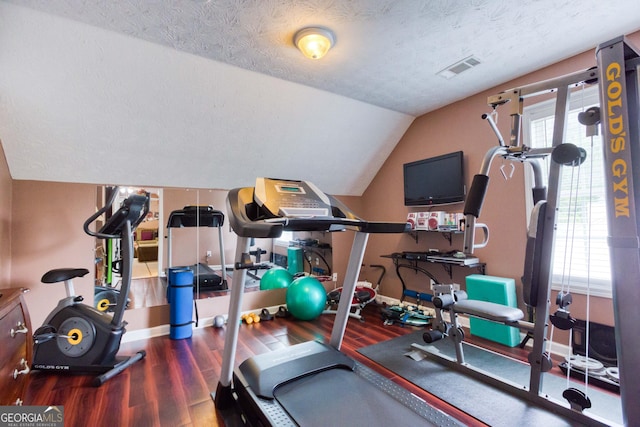 407 Gladiola Dr, Auburn, GA 30011 - exercise room featuring visible vents, wood finished floors, a wealth of natural light, and a textured ceiling