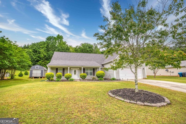 407 Gladiola Dr, Auburn, GA 30011 - ranch-style home with a storage unit, a front lawn, concrete driveway, and an attached garage