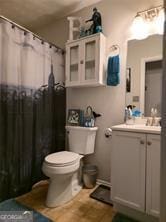 6193 Charring Cross Ct, Lithonia, GA 30058 - full bathroom with toilet, vanity, and a shower with shower curtain