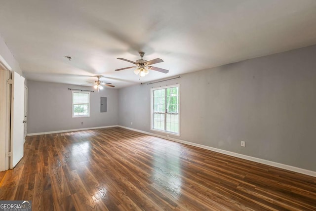 4240 Cascade Rd SW, Atlanta, GA 30331 - unfurnished room with baseboards, a ceiling fan, electric panel, and dark wood-style flooring
