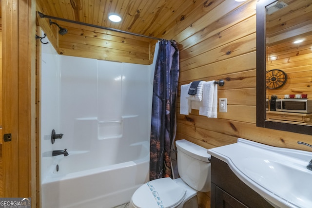 full bath featuring wooden ceiling, shower / bathtub combination with curtain, vanity, wooden walls, and toilet
