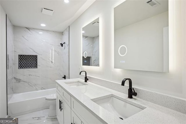 bathroom featuring recessed lighting, marble finish floor, a sink, and visible vents