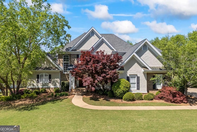 view of front of home with a front lawn and roof with shingles