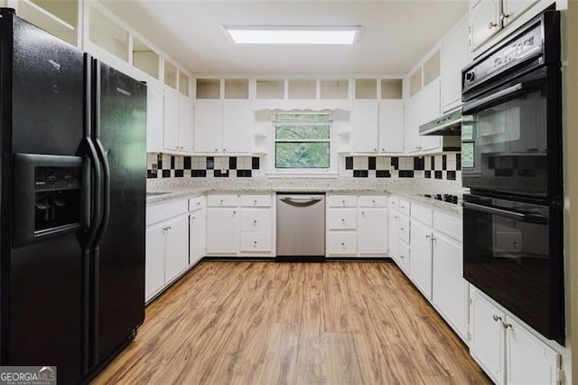 11433 Panhandle Rd, Hampton, GA 30228 - kitchen featuring black appliances, open shelves, under cabinet range hood, and decorative backsplash