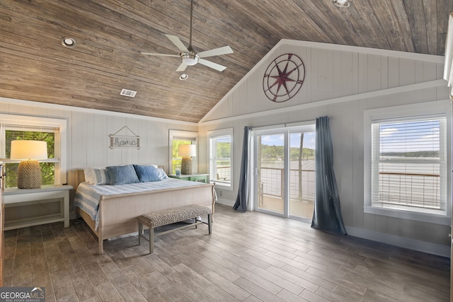 43 Cowan Ct, Mansfield, GA 30055 - bedroom with wood ceiling, access to exterior, wood finished floors, wooden walls, and high vaulted ceiling