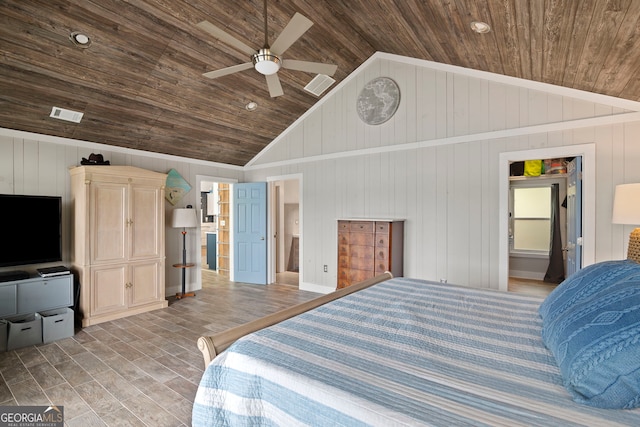 43 Cowan Ct, Mansfield, GA 30055 - bedroom with wood ceiling, lofted ceiling, wood walls, and a ceiling fan