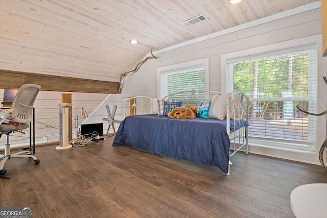 43 Cowan Ct, Mansfield, GA 30055 - bedroom featuring hardwood / wood-style floors, wood ceiling, lofted ceiling, wood walls, and recessed lighting