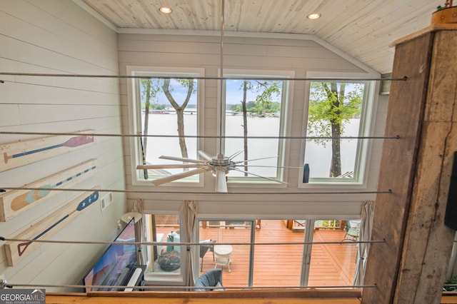 43 Cowan Ct, Mansfield, GA 30055 - detailed view of a large body of water, wood ceiling, recessed lighting, and wooden walls
