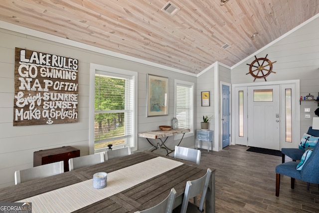 43 Cowan Ct, Mansfield, GA 30055 - dining room featuring wooden ceiling, dark wood-style floors, wooden walls, and lofted ceiling