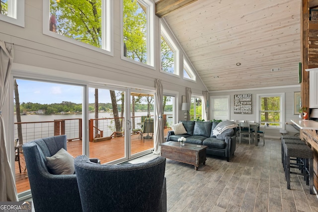 43 Cowan Ct, Mansfield, GA 30055 - sunroom / solarium featuring high vaulted ceiling, wood ceiling, wood finished floors, and a deck with water view