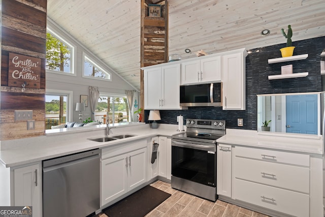 43 Cowan Ct, Mansfield, GA 30055 - kitchen featuring stainless steel appliances, a sink, plenty of natural light, wood ceiling, and light countertops