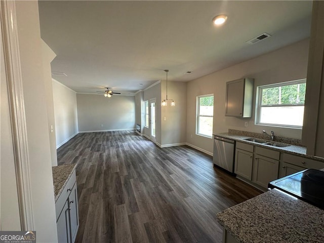 kitchen with a sink, dishwasher, baseboards, dark wood-type flooring, and visible vents