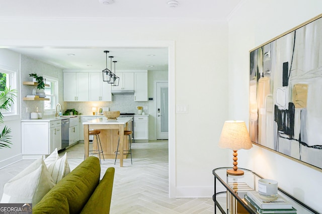 kitchen featuring a sink, light countertops, white cabinetry, backsplash, and stainless steel dishwasher