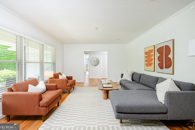living room with ornamental molding and light wood finished floors