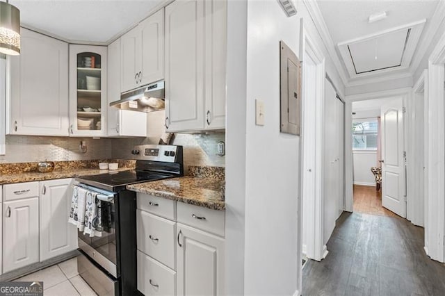 kitchen with electric panel, stainless steel range with electric stovetop, under cabinet range hood, and white cabinetry