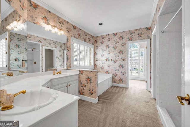 bathroom featuring baseboards, wallpapered walls, a stall shower, and crown molding