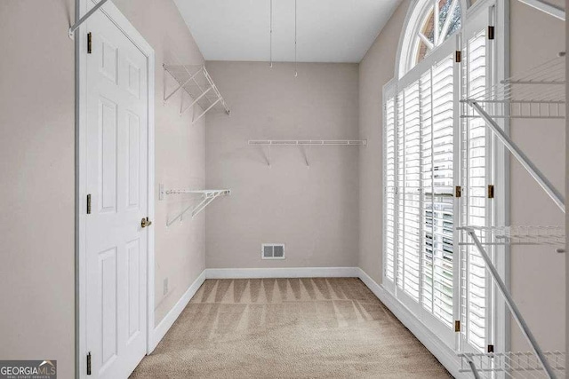 spacious closet with visible vents and light colored carpet