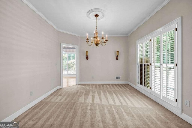 interior space featuring light colored carpet, a chandelier, ornamental molding, and baseboards