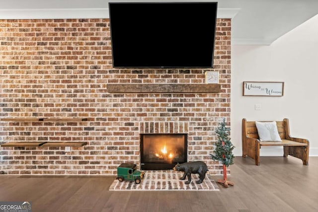details with crown molding, baseboards, wood finished floors, and a fireplace