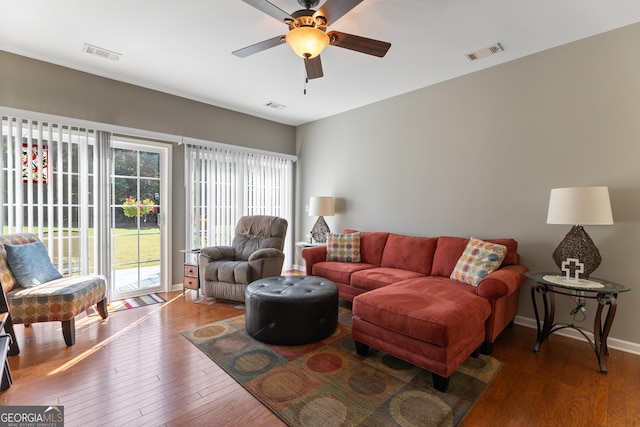 145 Begonia Ct, Griffin, GA 30223 - living room with wood-type flooring, plenty of natural light, ceiling fan, and baseboards